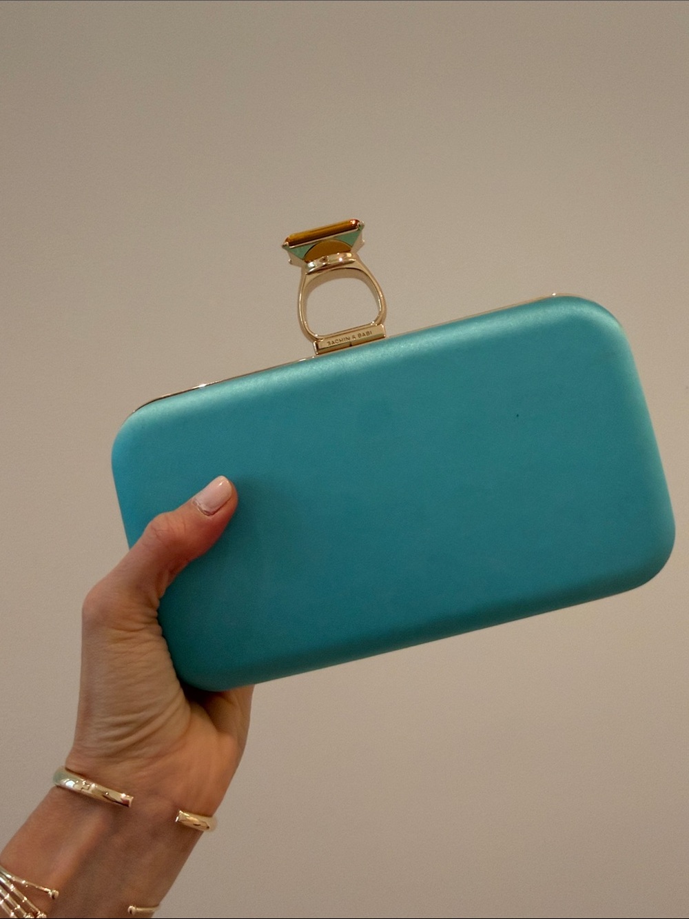 Sachin + Babi Turquoise Hardcase Clutch with Gold Ring Clasp